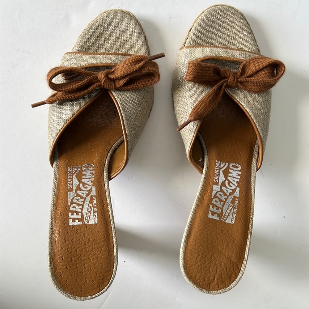 Salvatore Ferragamo Cream and Brown Mules
